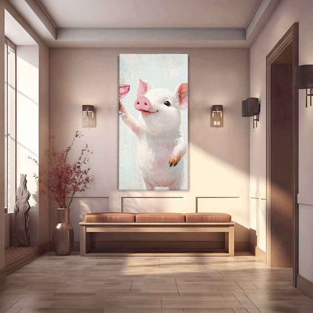 Tablou canvas cu tablou canvas cu purcelus si pahar de vin, fara rama, pe sasiu de lemn